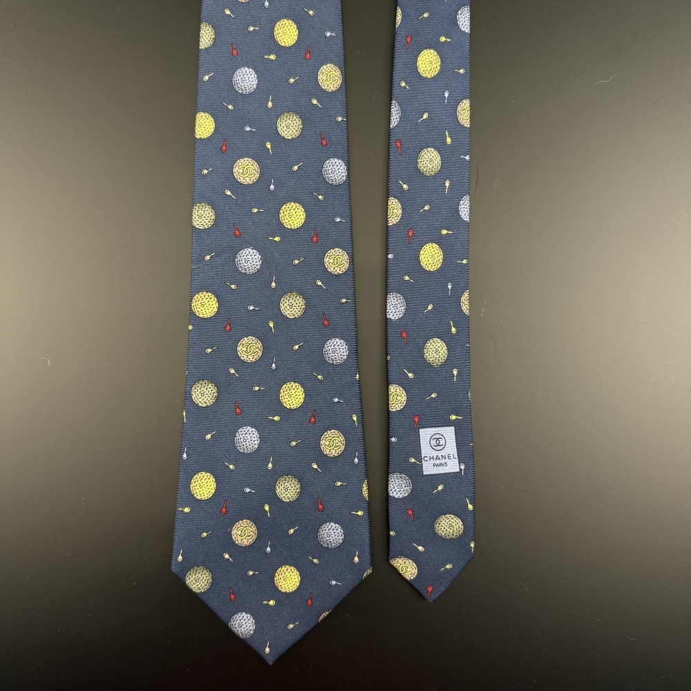 Chanel Silk Tie Blue Golf Ball Tee Pattern CC Logo France Authentic Luxury - Picture 6 of 12